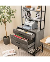Gouun Freestanding File Cabinet with Charging Station and 3-Tier Open Shelves