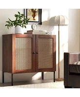 Gouun Kitchen Sideboard with 2 Rattan Doors and Adjustable Shelf