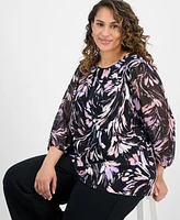 Kasper Plus Printed Sheer-Sleeve Blouse