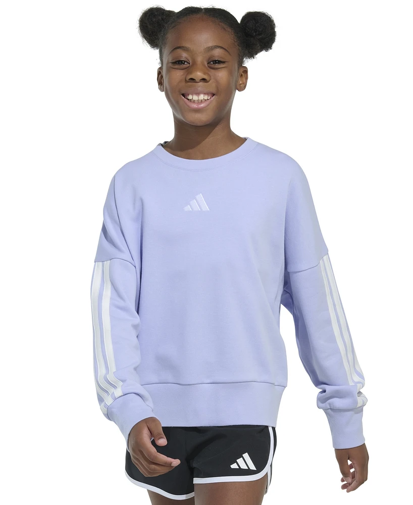 adidas Big Girls Long-Sleeve 3-Stripe French Terry Crewneck Pullover Sweatshirt