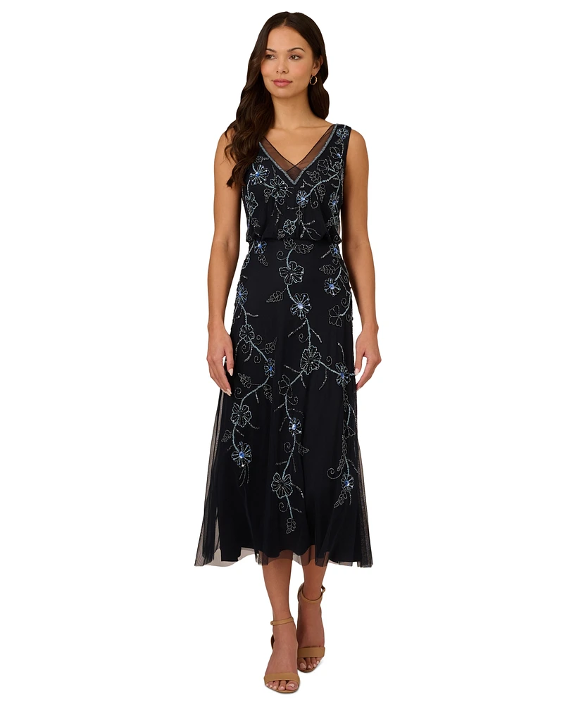 Adrianna Papell Women's V-Neck Beaded Sleeveless Midi Dress