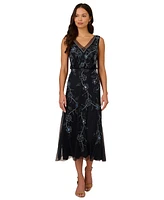 Adrianna Papell Women's V-Neck Beaded Sleeveless Midi Dress