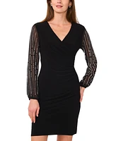 Msk Women's Surplice-Neck Beaded-Long-SLeeve Shift Dress