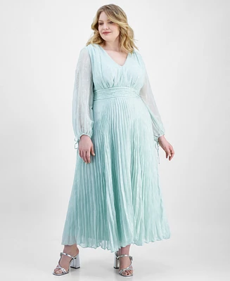 Taylor Plus Shimmering Floral Pleated Chiffon Maxi Dress