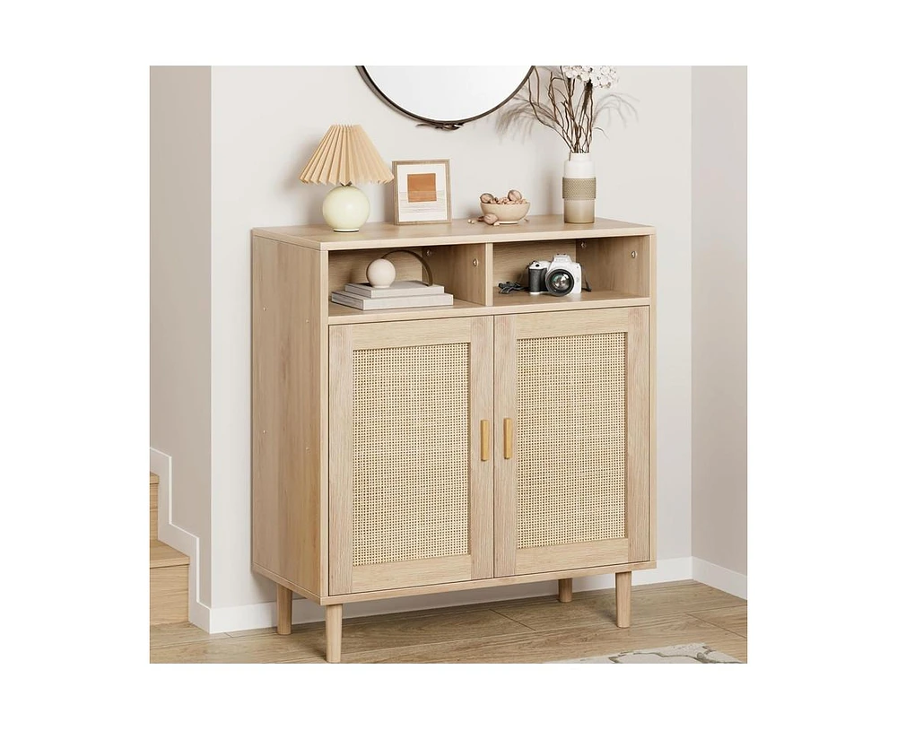 gaomon Sideboard Buffet Storage Cabinet, Rattan Kitchen Cabinet with 2 Doors/Shelf