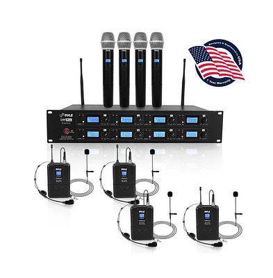 Pyle 8-Channel Uhf Wireless Microphone System Kit with 4 Handheld Mics, 4 Belt-Packs, 4 Headsets & Lavalier Mics