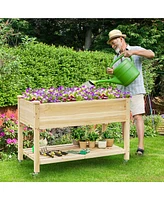 Gymax Raised Garden Bed Wood Elevated Planter Bed w/Lockable Wheels Shelf & Liner