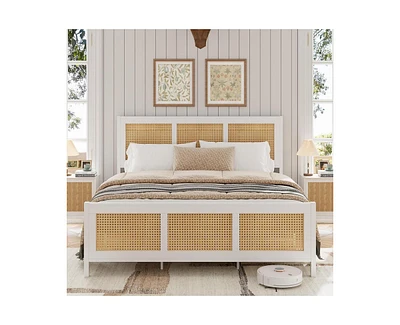 gaomon King Size Rattan Bed Frame with Headboard, White Boho Cane Platform Bed Frame with Strong Metal Slat, Noise Free