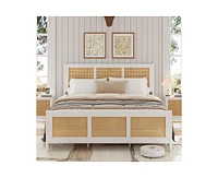 gaomon King Size Rattan Bed Frame with Headboard, White Boho Cane Platform Bed Frame with Strong Metal Slat, Noise Free