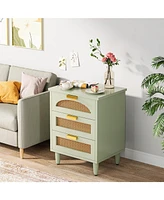 Tribesigns Mint Green Nightstand Set of 2, 3-Drawer Rattan Night Stand Side Table, Accent Bedside Tables End Table for Bedroom and Small Spaces, Easy