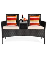 Gymax Patented Cushioned Rattan Wicker Patio Conversation Set w/ Loveseat Table Brown