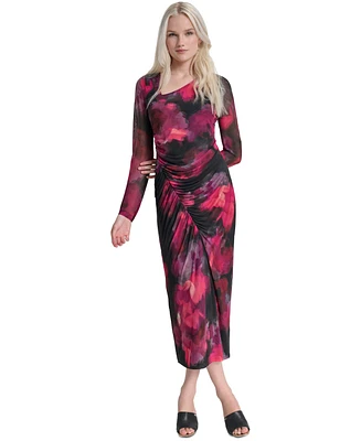 Dkny Petite Printed Ruched Mesh Maxi Dress