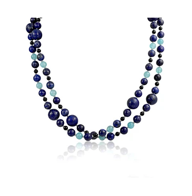 Bling Jewelry Long Wrap Around Layer Blue Shades Natural Aqua Quartz Blue Lapis Black Onyx Ball Bead Strand Necklace For Women 40 Inch