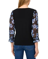 CeCe Women's Floral-Sleeve Mixed-Media V-Neck Top