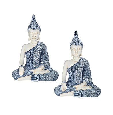 Fc Design "2-pc Set" 11"H Blue and White Earth Touching Buddha Figurine Statue Ornament Home Room Office Decor and Perfect Ideas for Housewarming, Hol