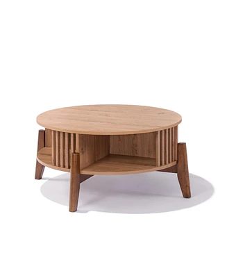 LuxenHome Round Coffee Table with Storage 31.5" Oak Finish Wood Center Accent Tables with Wood Legs