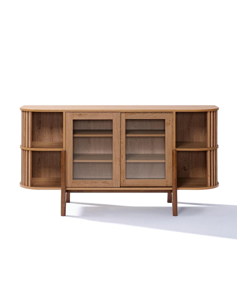 LuxenHome 2-Door and Open Storage 59-Inch Wide Sideboard Server Cabinet with Rubberwood Legs