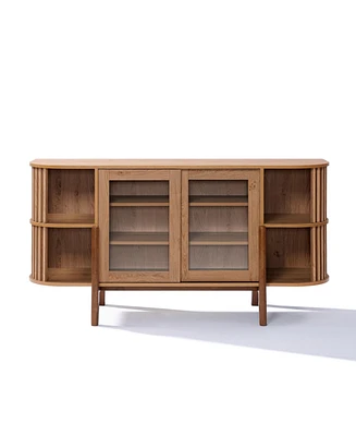 LuxenHome 59" Sideboard Buffet Cabinet with Storage and 2 Glass Door, Open Storage and Wood Legs