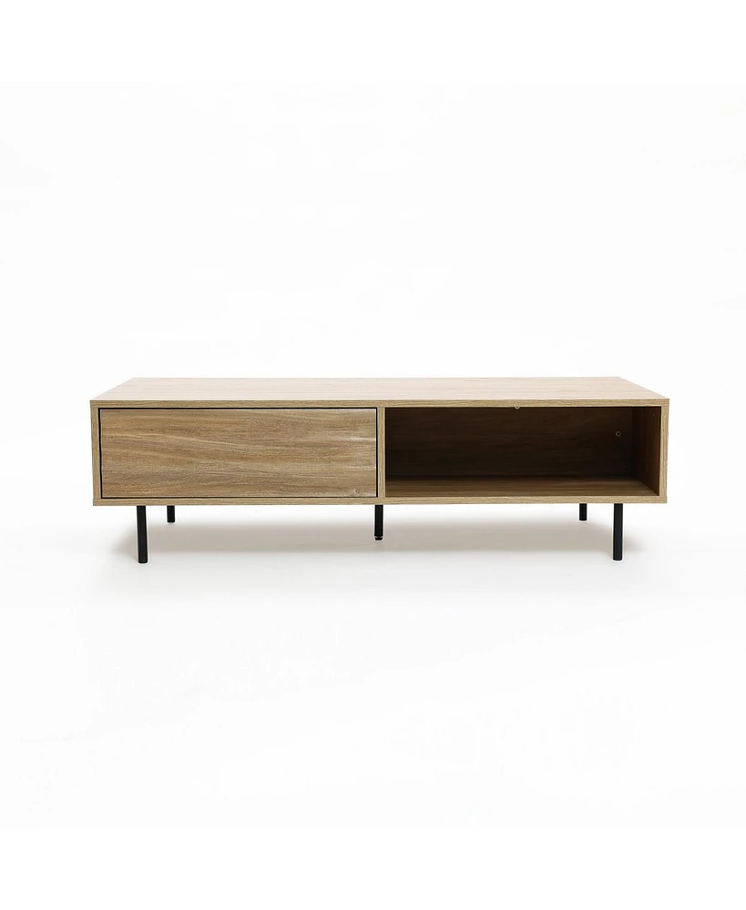 LuxenHome Mid-Century Modern Wave 1-Drawer Coffee Table with Storage and Metal Legs