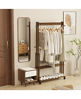 Unho Retro Bamboo Clothes Rack: Brown Garment Organizer Hanging Rack with Wheels