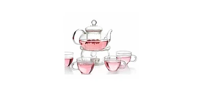 Slickblue 6-Piece Glass Teapot Set with Warmer, Infuser, and 4 Tea Cups for Elegant Brewing