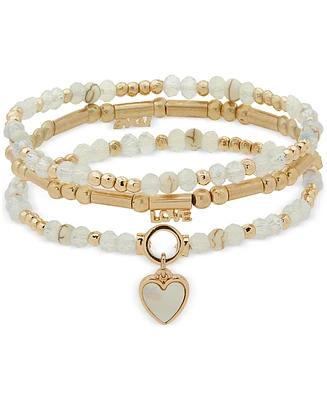 lonna & lilly Gold-Tone 3-Pc. Set Heart Charm Beaded Stretch Bracelets