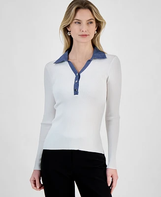 T Tahari Women's Contrast Collared Ribbed Knit Sweater