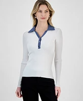 T Tahari Women's Contrast Collared Ribbed Knit Sweater