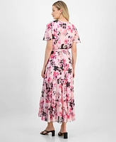 Kasper Women's Floral Chiffon Belted Flutter-Sleeve Dress, Regular and Petite Sizes