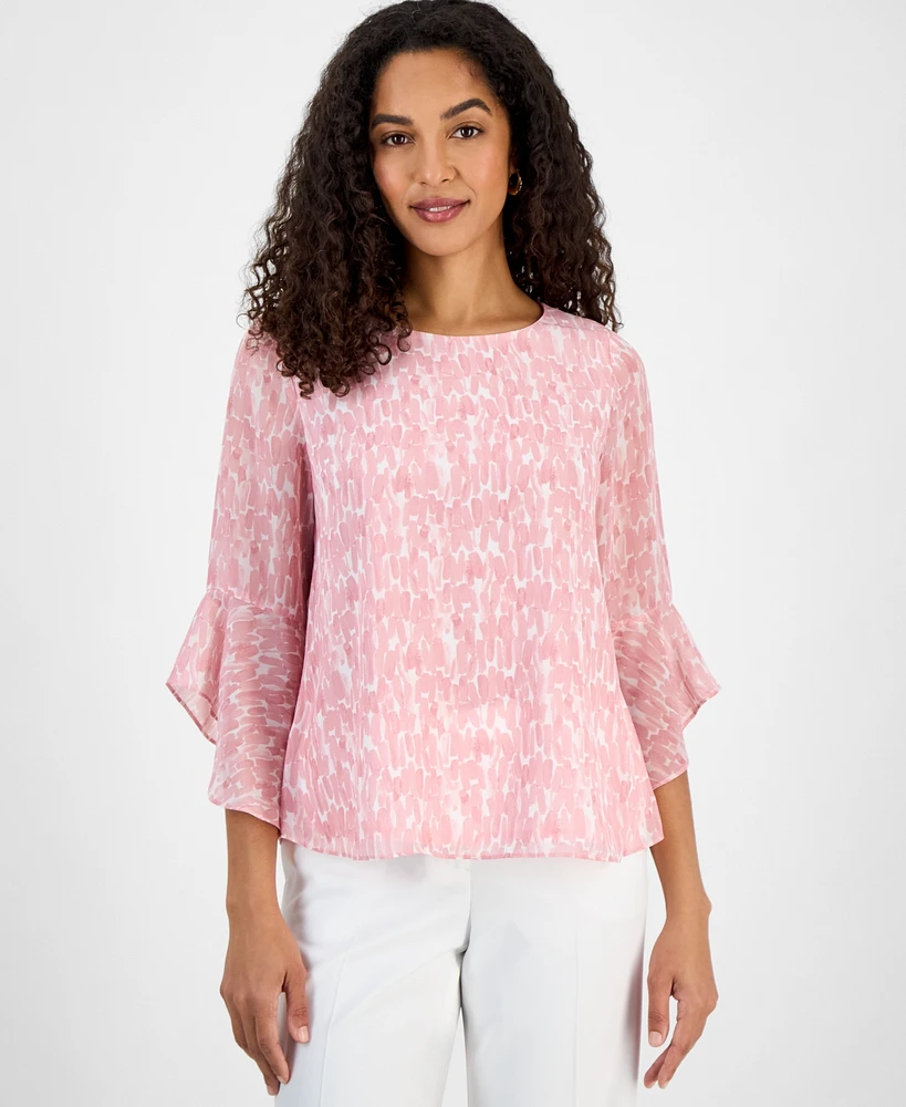 Kasper Women's Printed Ruffle-Cuff Bell-Sleeve Blouse, Regular and Petite