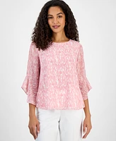 Kasper Women's Printed Ruffle-Cuff Bell-Sleeve Blouse, Regular and Petite