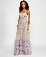 City Studios Juniors' Printed Tulle Ruffle-Hem Gown