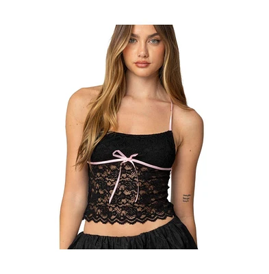 Edikted Womens Contrast Ribbon Lace Halter Top