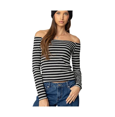 Edikted Womens Nelligan Striped Off Shoulder Top