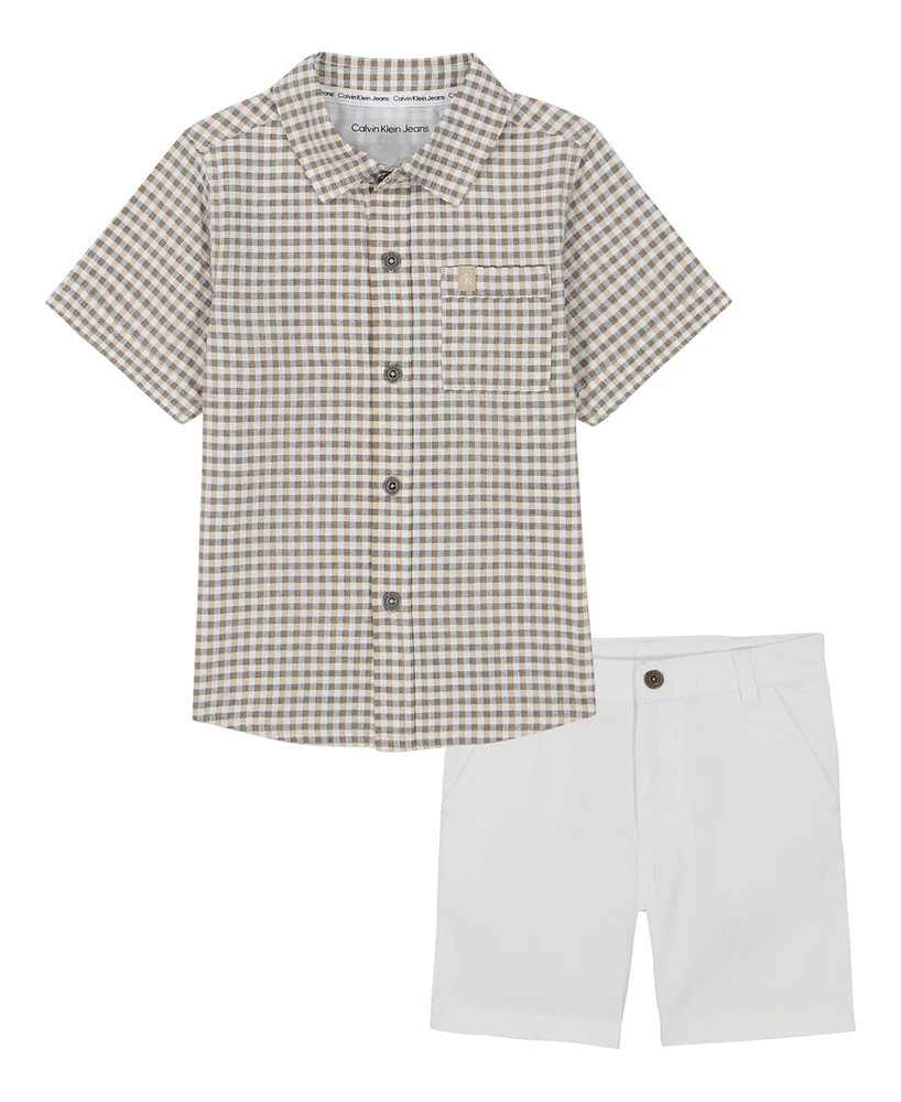 Calvin Klein Toddler and Little Boys Seersucker Check Short Sleeve Shirt Twill Shorts, 2-Piece Set