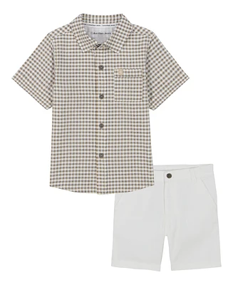 Calvin Klein Toddler and Little Boys Seersucker Check Short Sleeve Shirt Twill Shorts, 2-Piece Set