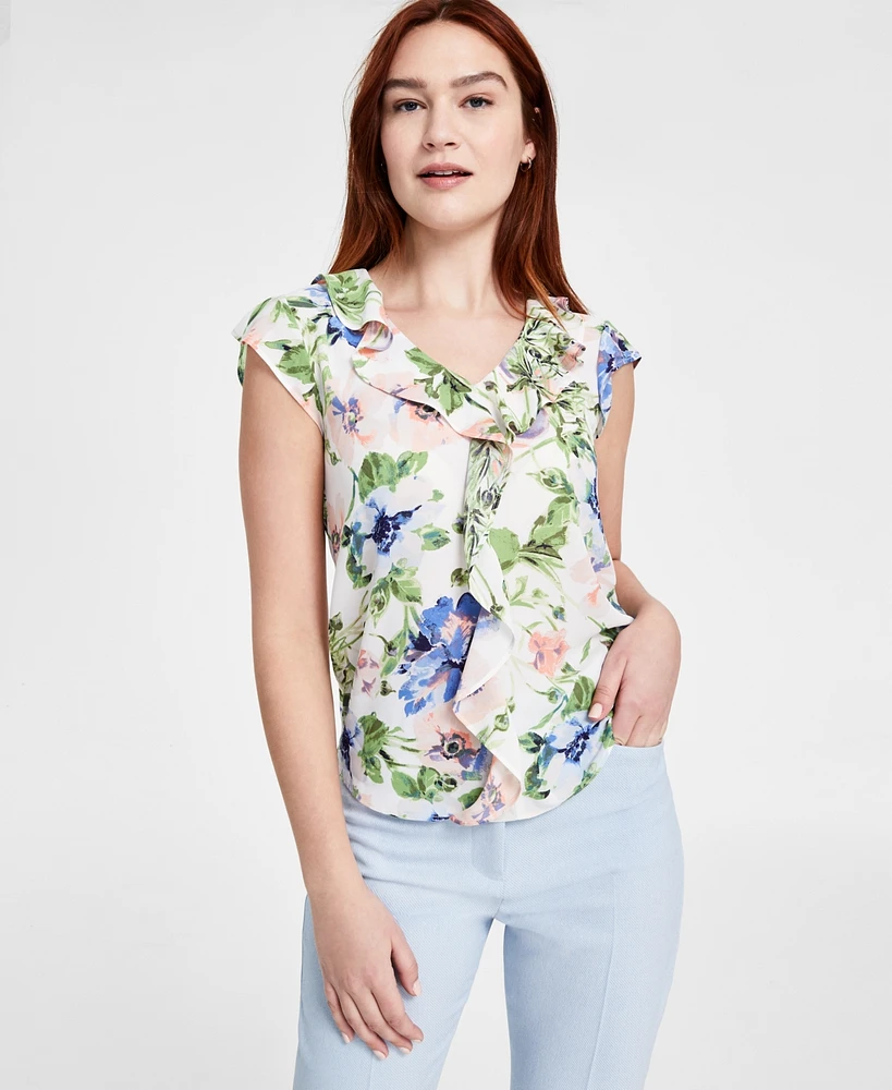 Tahari Asl Women's Ruffled-Front Floral V-Neck Top, Regular & Petite