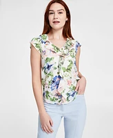 Tahari Asl Women's Ruffled-Front Floral V-Neck Top, Regular & Petite