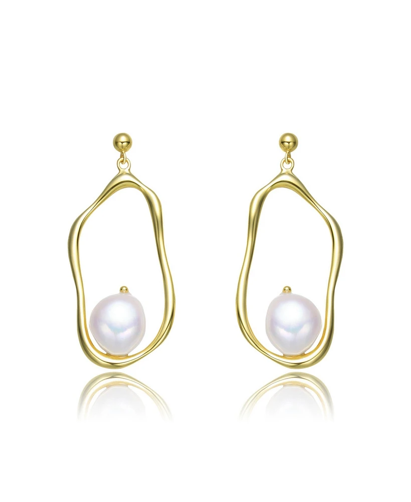 Genevive Stylish Sterling Silver with 14K Gold Plating and Genuine Freshwater Pearl Dangling Earrings