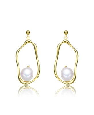 Genevive Stylish Sterling Silver with 14K Gold Plating and Genuine Freshwater Pearl Dangling Earrings