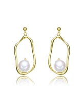 Genevive Stylish Sterling Silver with 14K Gold Plating and Genuine Freshwater Pearl Dangling Earrings