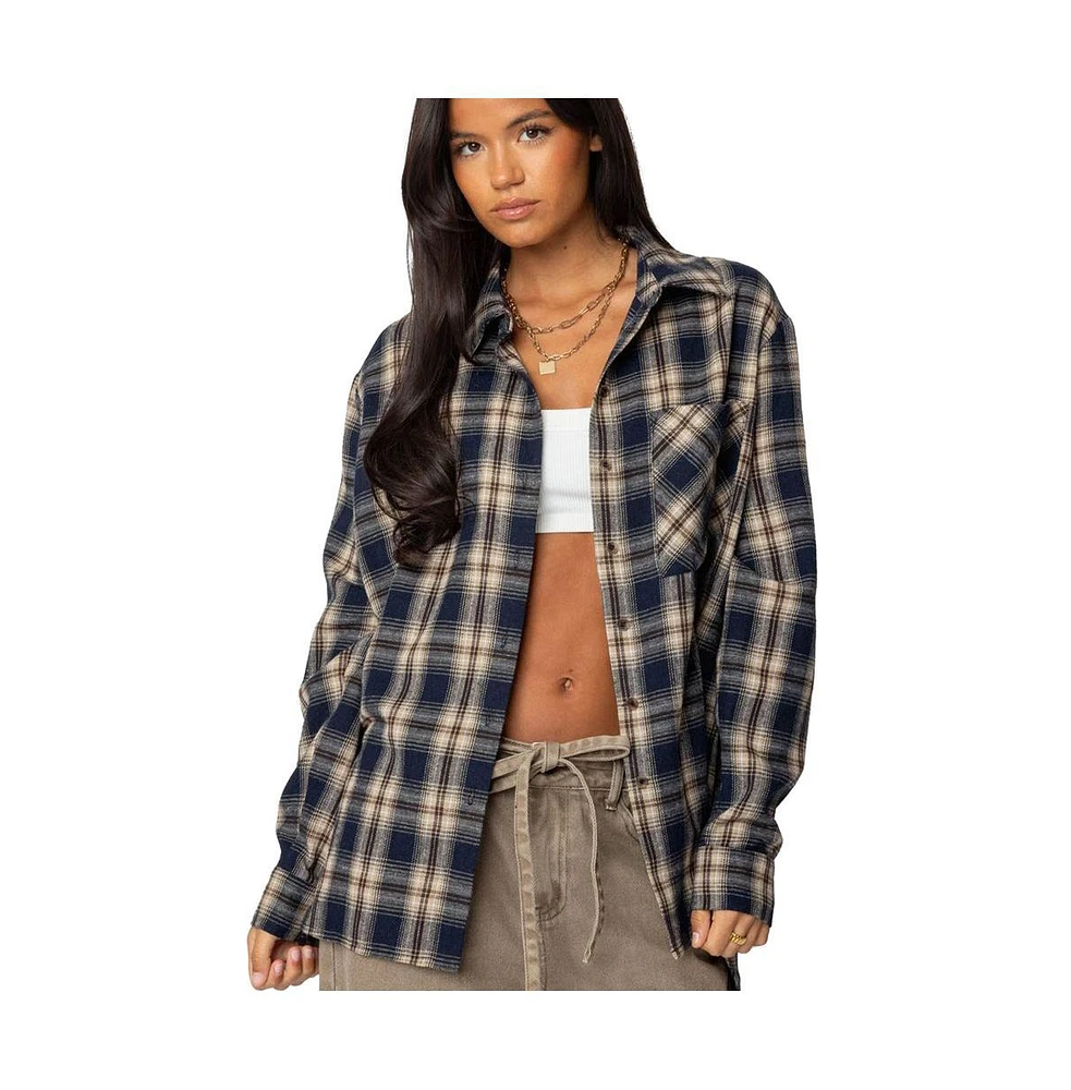 Edikted Women's Plaid Flannel Button Up Shirt