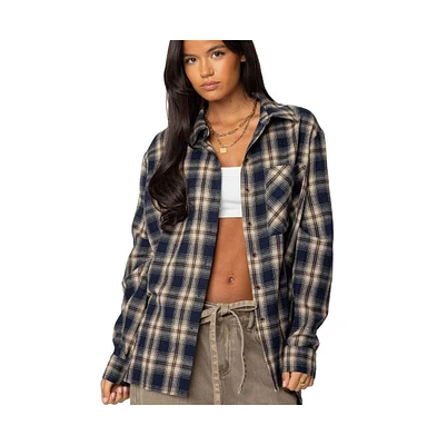 Edikted Womens Plaid Flannel Button Up Shirt