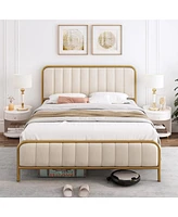 Slickblue Gold Metal Platform Bed Frame with Off-White Upholstered Headboard