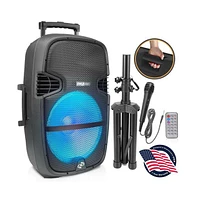 Pyle 15" Portable Wireless Bt Speaker System with Usb/Sd Card Reader, Fm/Aux/Mic Inputs, Led Lights, Wheel & Tripod