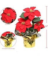 Floral Home 9.5" Diameter Artificial Red Poinsettia Bush with 3 Flowers in Pot Pack of 6