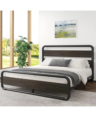 Slickblue Heavy Duty Round Metal Frame Platform Bed with Wood Panel Headboard