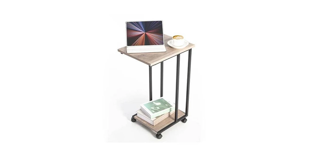 Slickblue Modern Industrial Metal and Wood Tv Tray Bedside Table with Removable Casters for Versatile Use