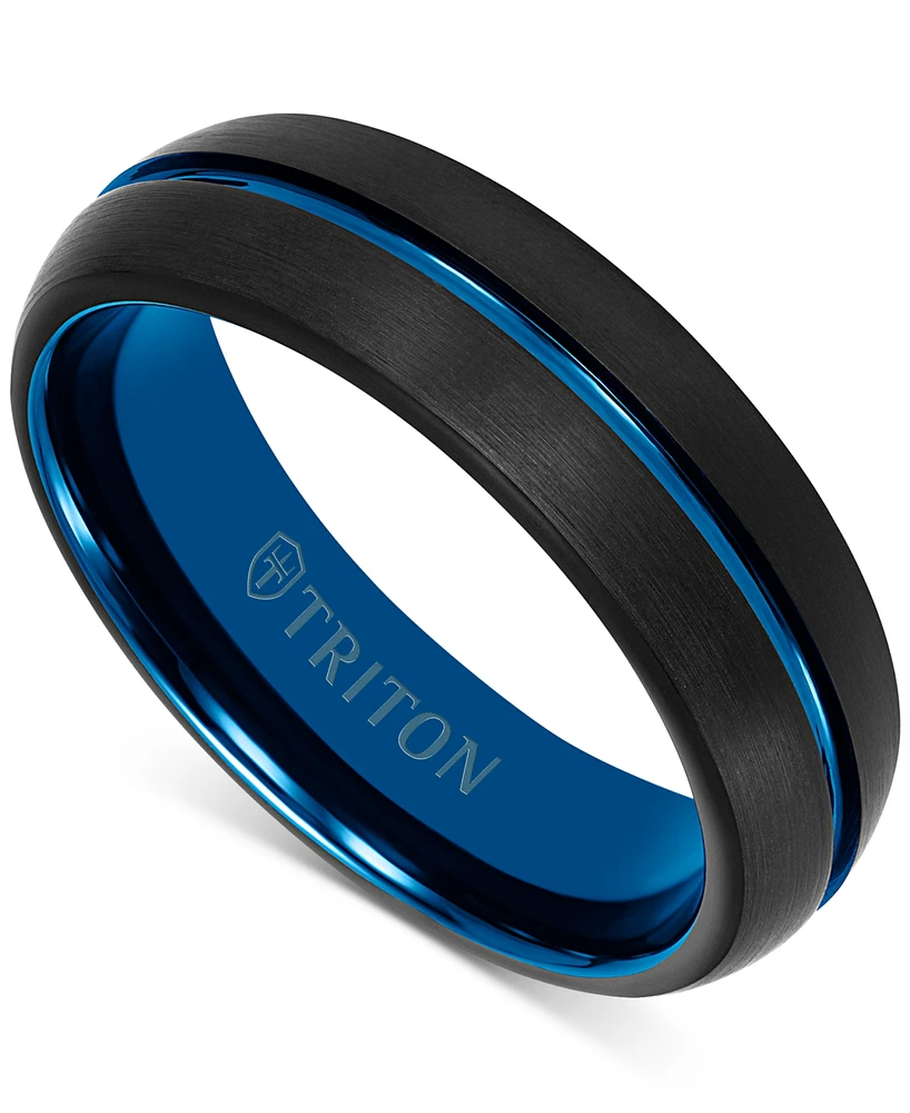 Triton Men's Two-Tone Brushed Finish Wedding Band Blue & Black Tungsten Carbide