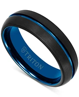 Triton Men's Two-Tone Brushed Finish Wedding Band Blue & Black Tungsten Carbide